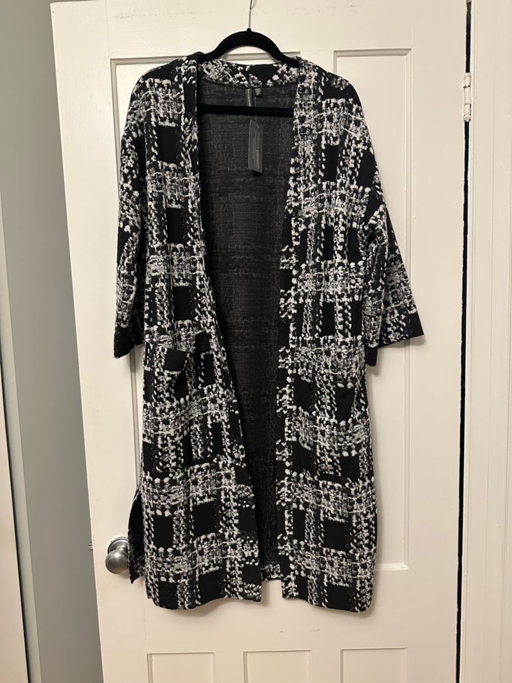 Open-Front Black and White Plaid Knit Cardigan Sweater/Jacket